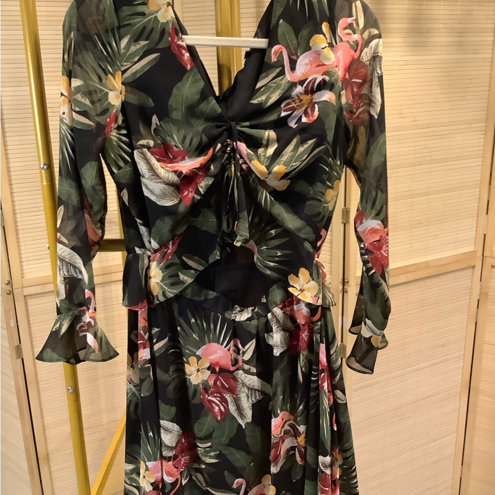 Sam Edelman Black Maxi Dress with Pink Flamingo & Green Leaf Print
